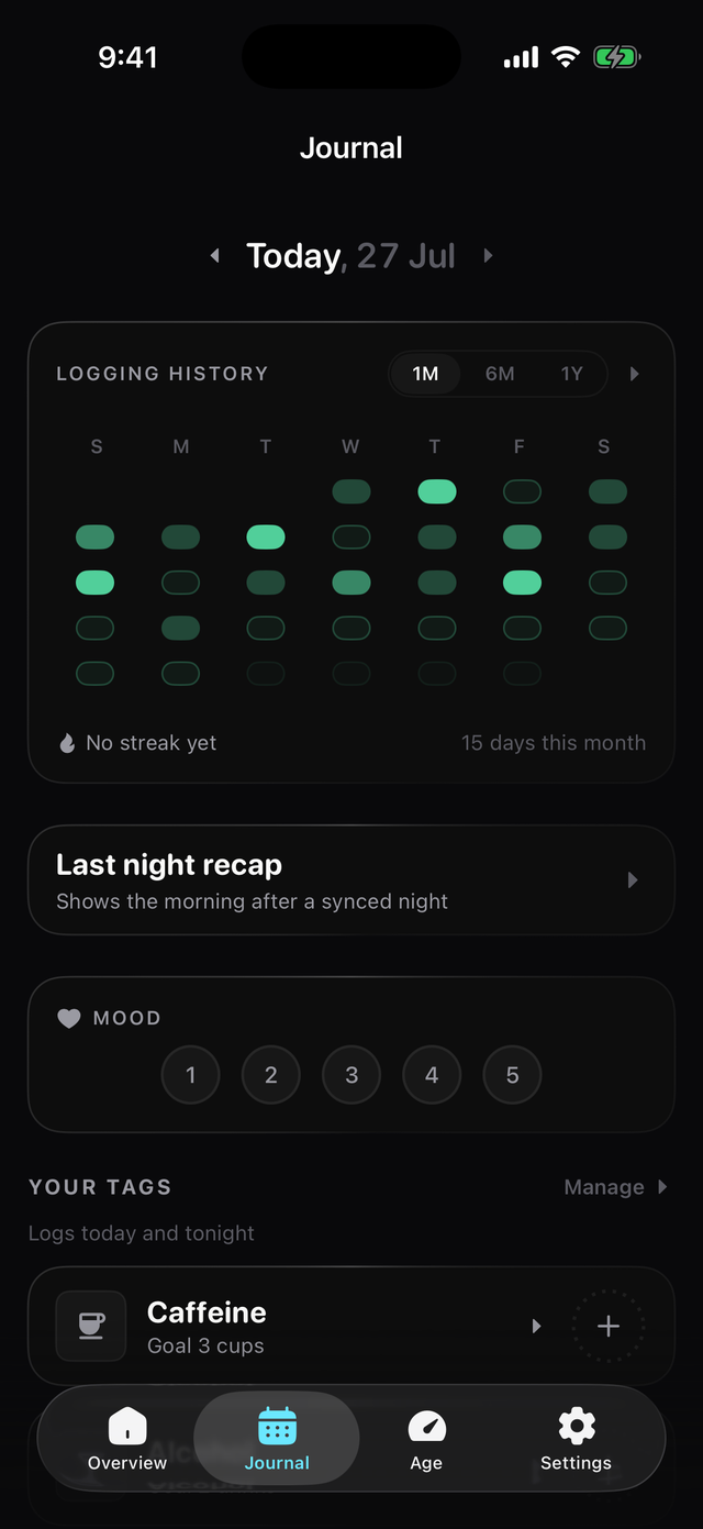Baro journal screen showing a month of logging history, a last night recap card, a mood scale and tags with goals